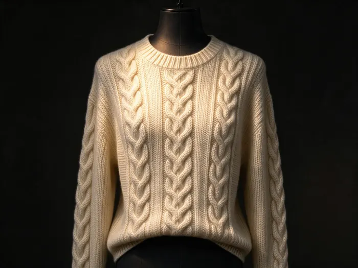 Maglione color crema su un manichino nero illuminato da un unico faro