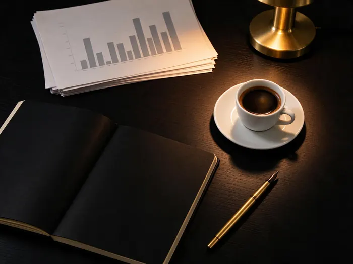 Scrivania scura con quaderno, grafici stampati, penna e tazzina di caffè