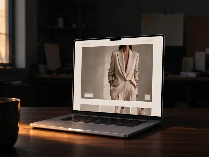 Laptop su una scrivania in penombra con la home page di un e-commerce di moda
